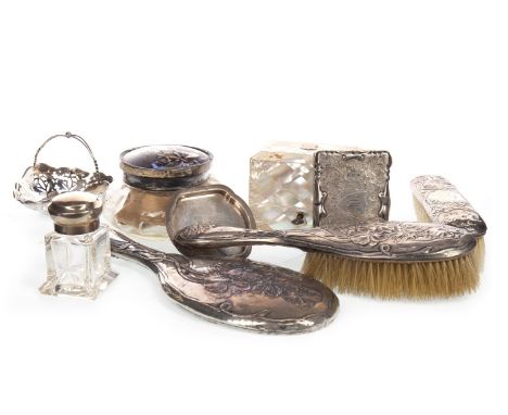 EARLY 20TH CENTURY SILVER AND GUILLOCHE ENAMEL DRESSING TABLE SET, London marks, comprising five lidded jars, along with a pa