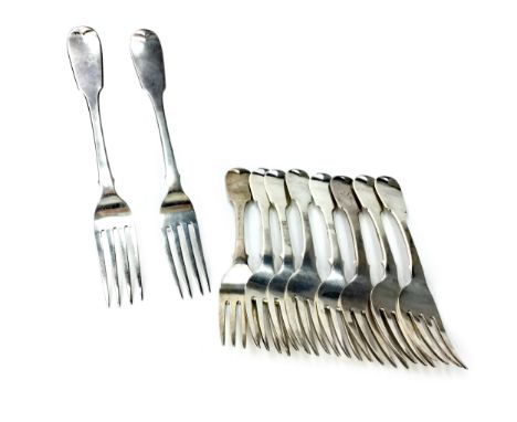 COMPOSITE SET OF EIGHT SILVER TABLE FORKS, comprising four by maker James Berry, Edinburgh 1828, and four by maker Andrew Wil