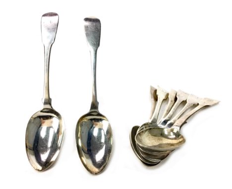 SET OF FOUR GEORGE IV SILVER DESSERT SPOONS, maker William Constable, Edinburgh marks, Fiddle pattern with initialled termina