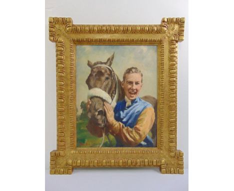 John Berwick framed oil on canvas portrait of Lester Piggott beside the racehorse Orsini, 50 x 40cm
