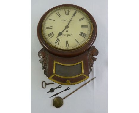 Davis of Witney mahogany cased waiting room clock, enamel dial, Roman numerals, to include key, pendulum and spare parts