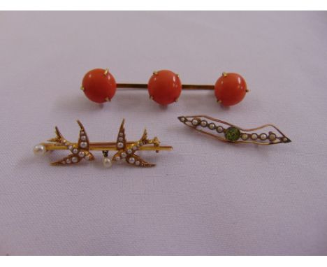 A 9ct yellow gold and coral pin brooch and two 9ct yellow gold seed pearl brooches, approx total weight 17.8g