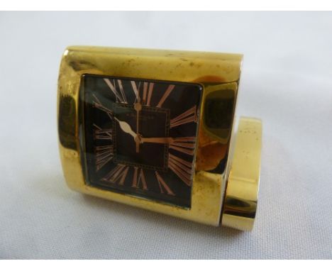 Dunhill gold plated travel clock, PZFM 8510, black dial with Roman numerals