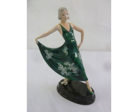 Goldscheider Art Deco figurine of a lady in green dress, signed Lorenzl to the base