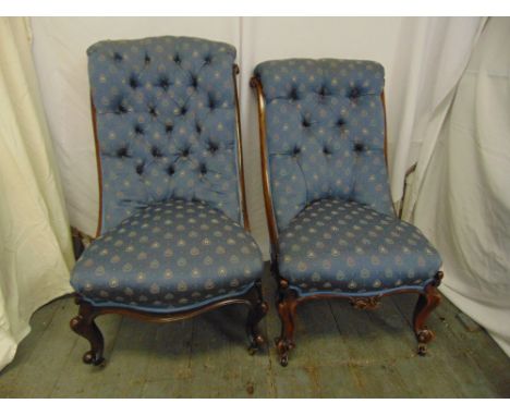 Victorian mahogany button back ladies chair on original castors and another similar
