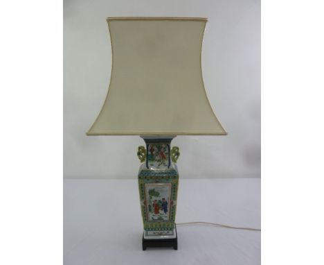 A Chinese shaped rectangular famile rose table lamp with silk shade