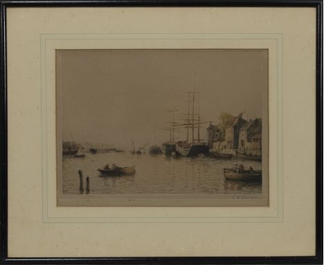 E.H BARLOW (BRITISH 20TH CENTURY), BOATS AT THE DOCK coloured etching on paper, signed image size 23.5cm x 31.5cm, overall si