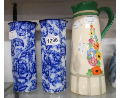 Two Losolware flow blue octagonal vases with all over transfer printed rose decoration - sold with a Bishop &amp; Stonier Bis