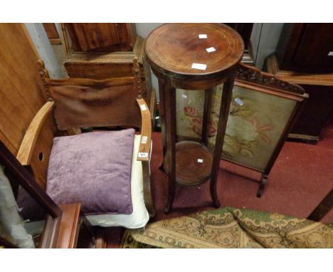 An Edwardian jardiniere stand - sold with a bedroom chair and a firescreen - various condition