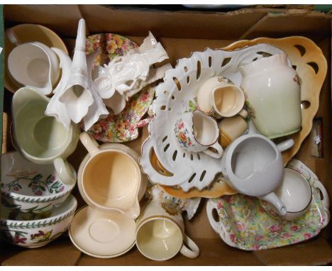 A box containing a quantity of assorted ceramic items including chintz dishes, Portmeirion Botanic bowls, etc.