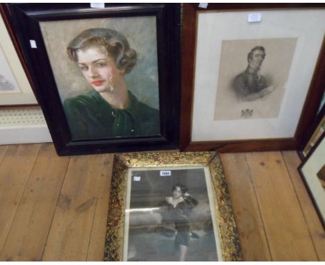 A damaged Regency highly decorated picture frame containing a monochrome print - sold with a rosewood framed military figure 