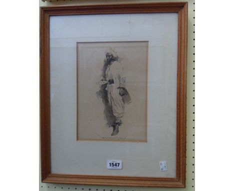 Max Cowper: a framed monochrome watercolour portrait of a turban wearing servant holding a tray with visiting card - signed -