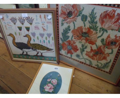 Ivy W. Davis: a framed silk painting floral study - signed - sold with two framed tapestry panels