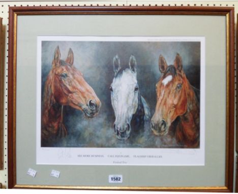A framed signed limited edition coloured racehorse print entitled Festival Trio - numbered 53/500