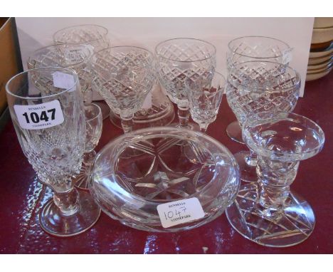 A small quantity of cut glassware including Waterford bell and champagne flute, Brierley wine glasses, etc.