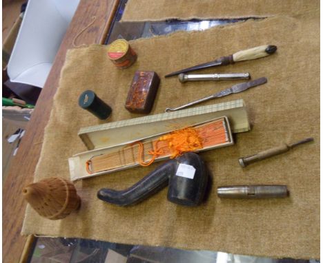 A quantity of collectable items including propelling pencil with Queen Victoria photographic finial, vintage fan, cased meers