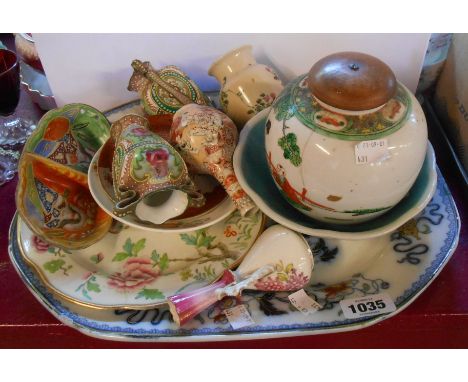 A selection of ceramic items including Chinese dish and ginger jar, Japanese moriage vases, etc.