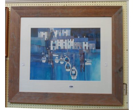 A framed limited edition coloured print, depicting an abstract harbour scene - signed and numbered 8/99