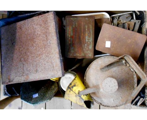 A box containing a quantity of assorted collectable items including brass caps and casters, brass and ceramic doorbell, locks