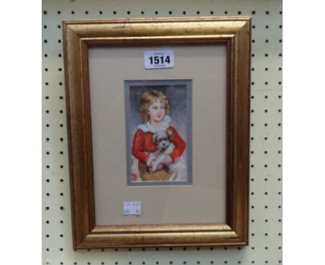 A small gilt framed modern watercolour, depicting a portrait of a child holding a white dog