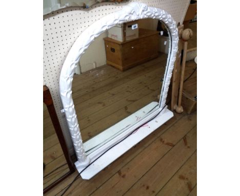 A 1.02m white painted carved pine framed dome-top overmantel mirror with acanthus style border and shelf under