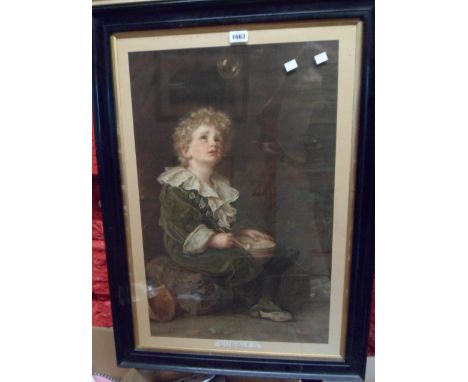 A late Victorian ebonised and gilt slipped coloured Pears print entitled Bubbles