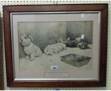 Cecil Aldin: an early 20th Century monochrome print entitled Handle With Care, depicting puppies and empty food bowl