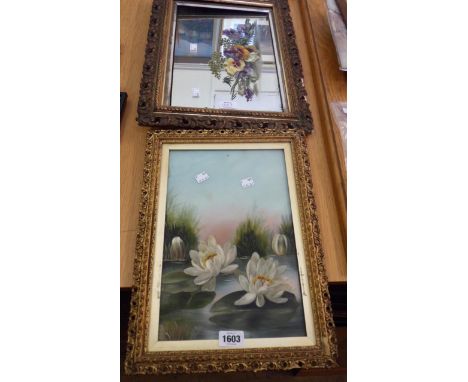 A gilt framed Edwardian painting on glass, depicting a lily pond - sold with a similarly decorated mirror - various condition