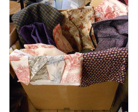 A box containing bags of assorted textiles and fabrics including Sanderson, tweed, etc.