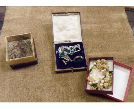 An Art Deco marcasite and paste pendant and ear-ring set - sold with a 1930's waxed flowers wedding headband and a vintage be