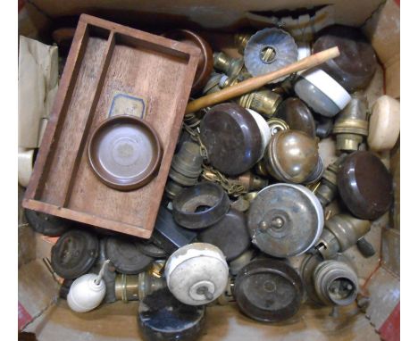 A box containing a quantity of assorted brass and other lamp fittings, light switches, etc.