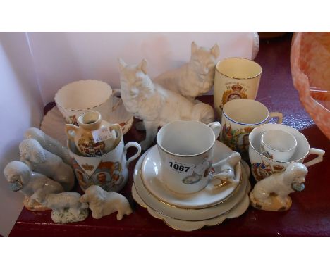 A selection of ceramic items including dog figurines, commemorative ware, etc.