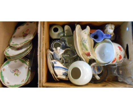 Two boxes containing a quantity of assorted ceramic items including Staffordshire cow creamers, etc. - various condition