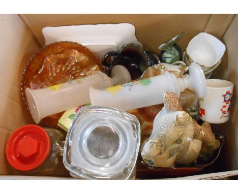 A box containing a quantity of assorted ceramic and glass items including Carnival glass, Torquay pottery, etc.