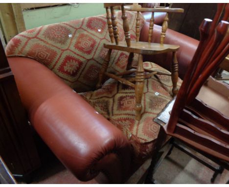 A 1.65m 20th Century vintage style brown hide and upholstered two seater settee with feather filled tapestry cushion, set on 