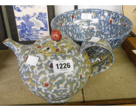 A Dartington pottery Janice Tchalenko design bowl and teapot - small chip to spout
