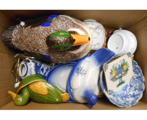 A box containing a quantity of assorted ceramic items including duck form tureen, etc.