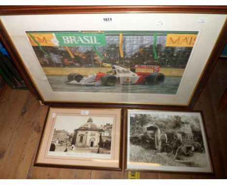 A framed coloured print, depicting Ayrton Senna - sold with two framed photographic reprints