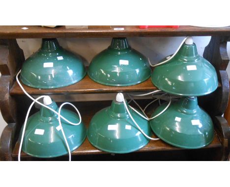 Six vintage green enamel industrial style pendant lampshades - some fitted with later plastic light fittings