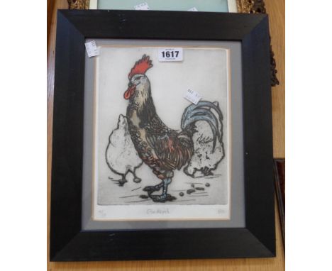 A framed limited edition print, depicting a cockerel and hen - signed with initials, titled and numbered 13/15