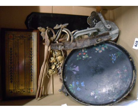 A box containing a small quantity of collectable items including brass and wood cribbage board, old Spong runner bean slicer,