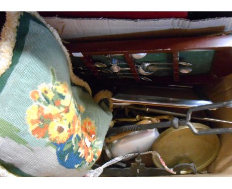 A box containing collectable items including scales, brass dish, etc.