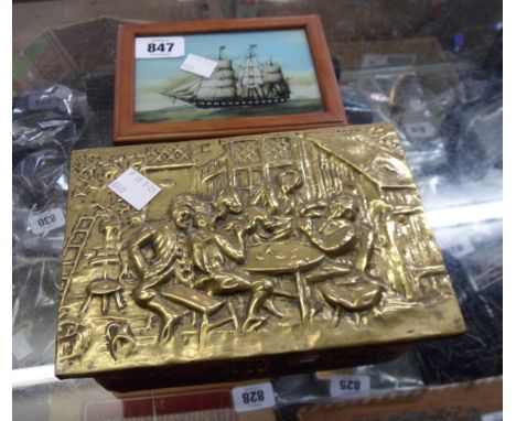 A small brass clad cigarette box - sold with a 20th Century wooden playing card box with reverse printed ship panel to lid