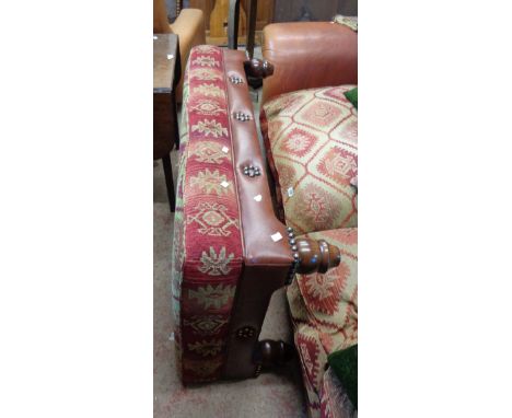 A 1.23m 20th Century vintage style double foot stool with tapestry upholstered top and studded hide upholstered sides