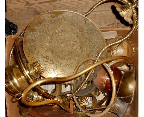 A box containing a quantity of brass and other ware including hanging lamps, brackets, scales, etc.