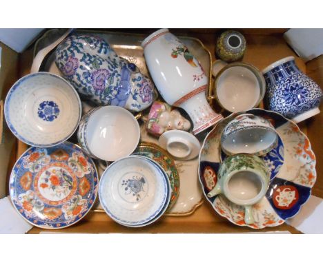 A box containing a quantity of assorted ceramic items including Imari bowl, Chinese rice bowls, etc.