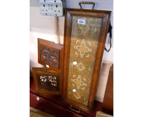An old tea tray with glazed tapestry panel - sold with two carved wood furniture panels