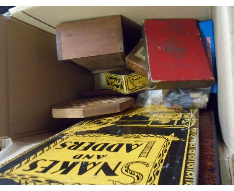 A box containing a quantity of vintage toys and games including Solitaire board, Snakes and Ladders, cribbage board, boxed do