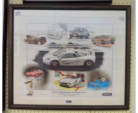Christopher Dugan: a framed coloured motoring print entitled 50 Years of High-Performance Developement at Mira