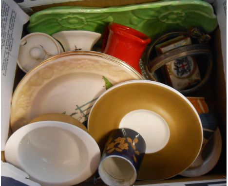 A box containing a quantity of ceramic items including Susie Cooper soup bowls, Palissy Worcester embossed plates, etc.